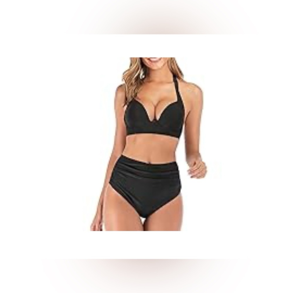 NEW VINTAGE RETRO BLACK BIKINI SIZE LARGE RUCHED BOTTOMS SO CUTE!